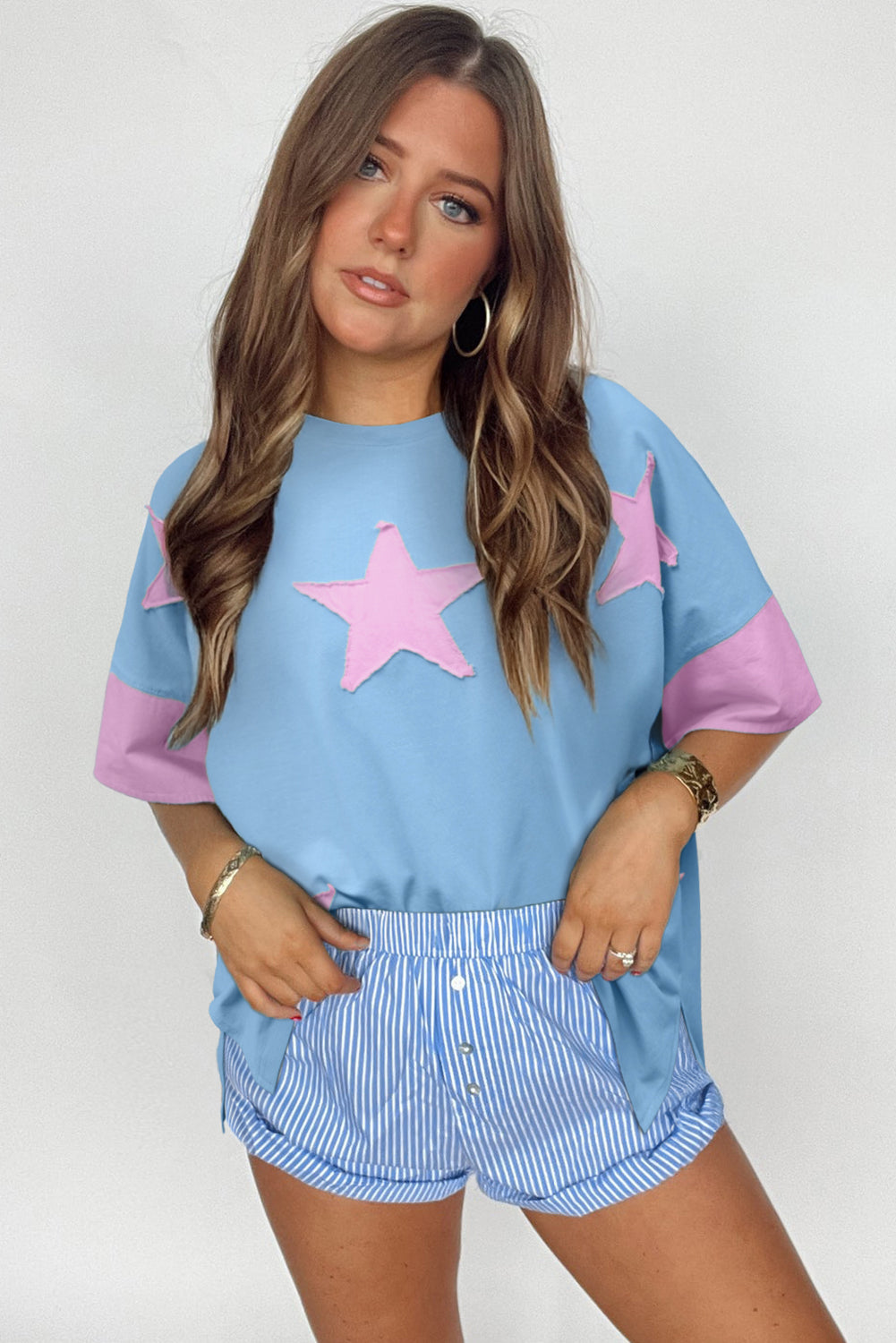 Frayed Denim Star Patched Oversize T Shirt