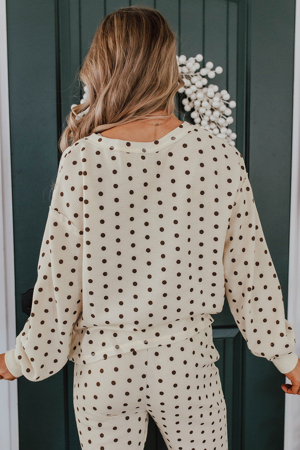 Polka Dot Print Notched Neck Long Sleeve Top Drawstring Jogger Pants Waffle Knit Lounge Set