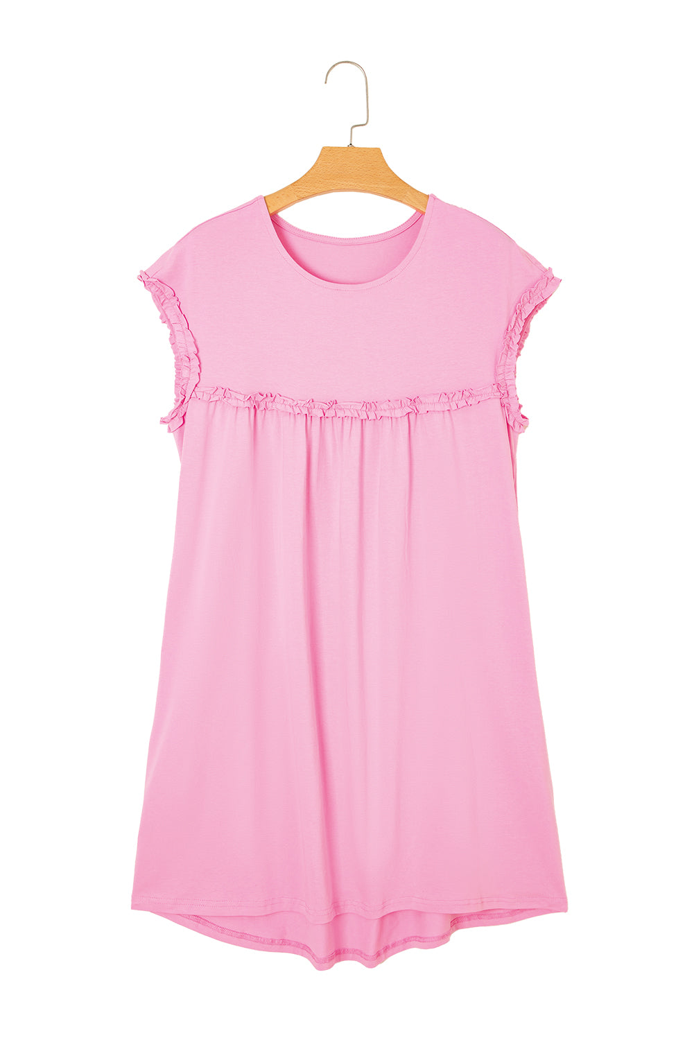 Frilled Trim Crew Neck Loose Fit Mini Dress