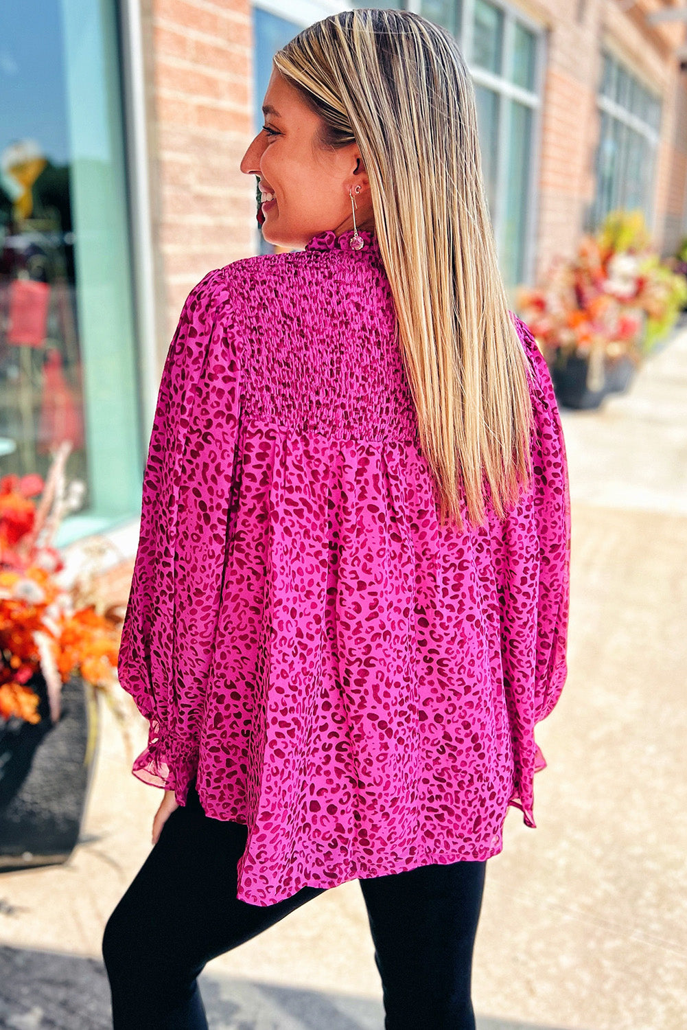 Leopard Shirred Puff Sleeve Flowy Blouse