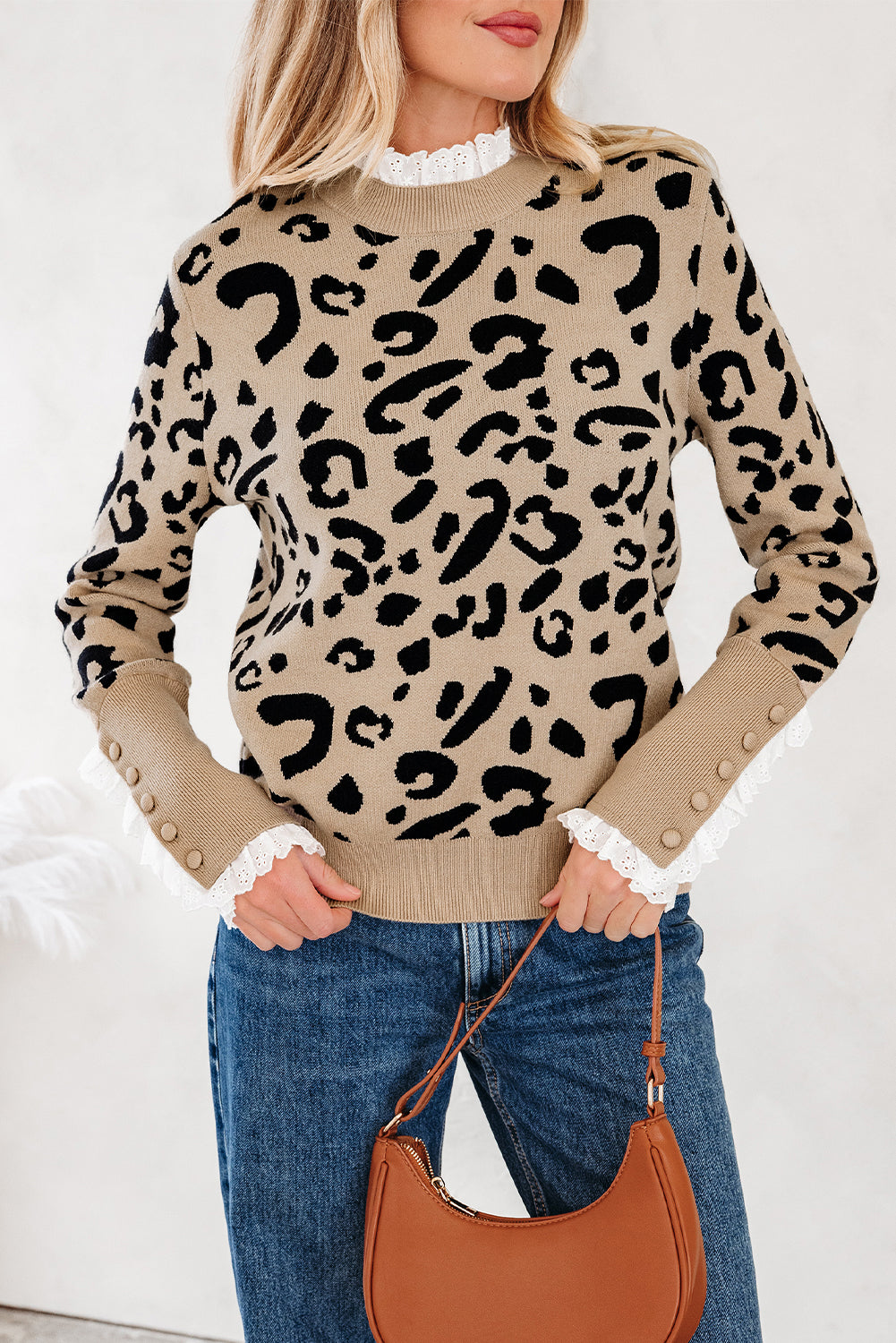 Leopard Pattern Lace Ribbed Detail Button Cuffed Sweater