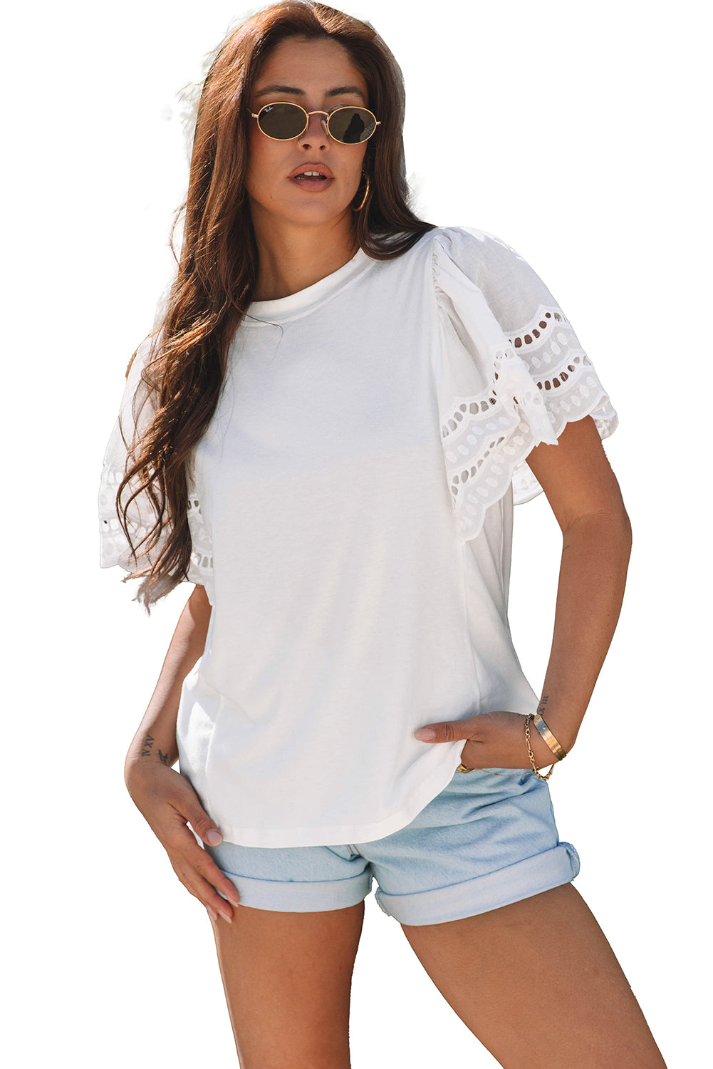 Hollow Out Embroidered Short Sleeve O Neck Top
