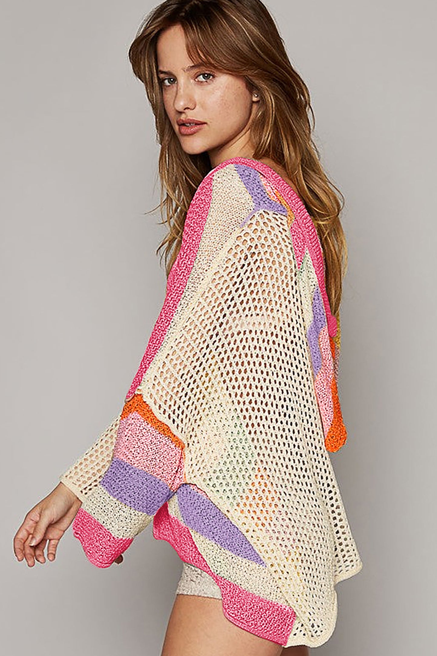 Oversized Colorblock V Neck Hooded Sweater