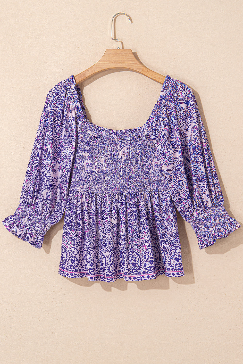 Boho Paisley Print Half Sleeve Shirred Peplum Blouse