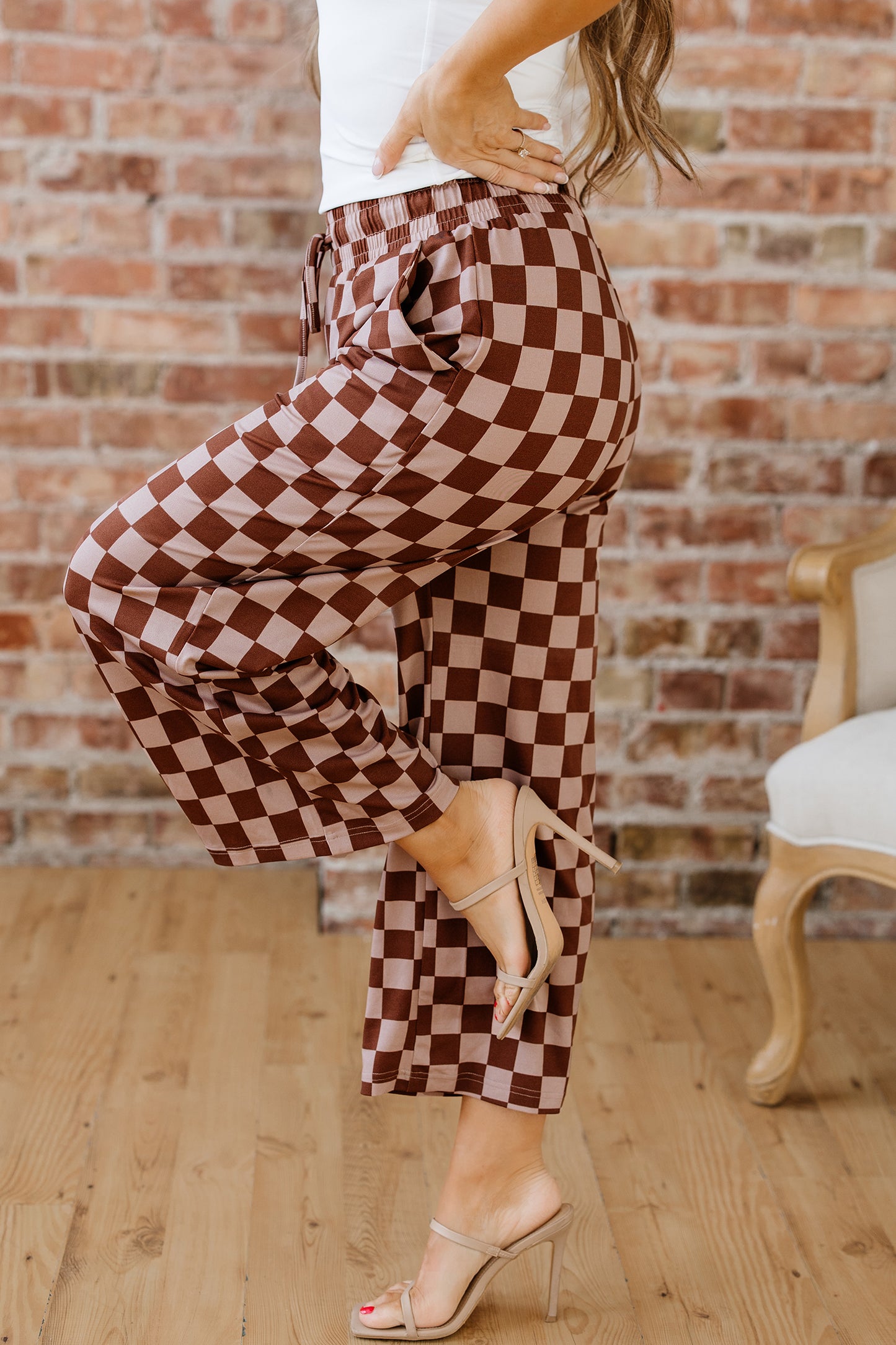 Checkered Elastic High Waist Loose Casual Pants
