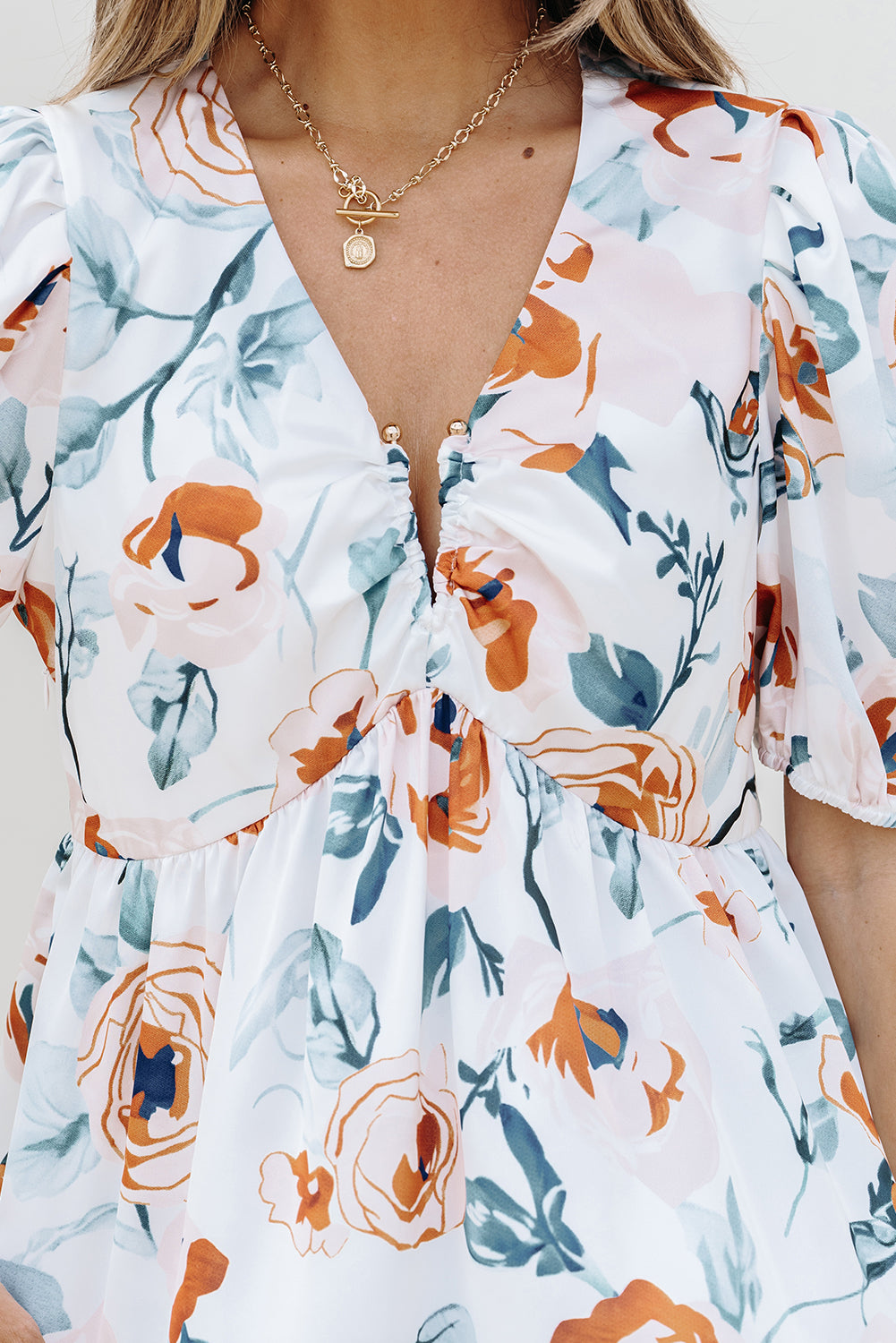 Floral Print Puff Sleeve V Neck Babydoll Blouse