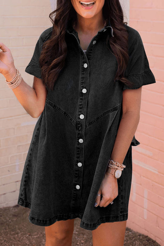 Frilled Short Sleeve Button Up Loose Denim Shirt Dress