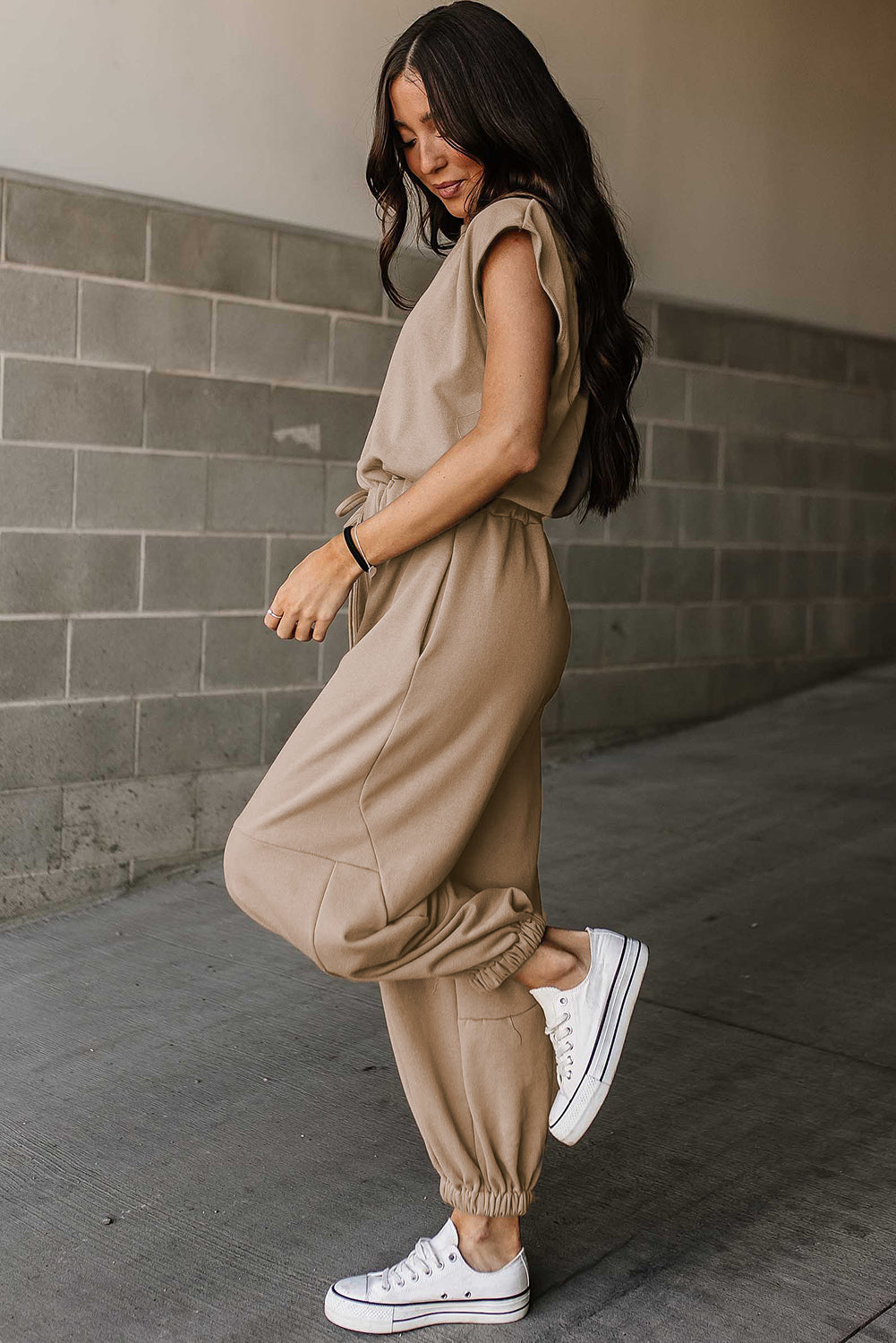 Cap Sleeve Open Back Drawstring Jogger Jumpsuit