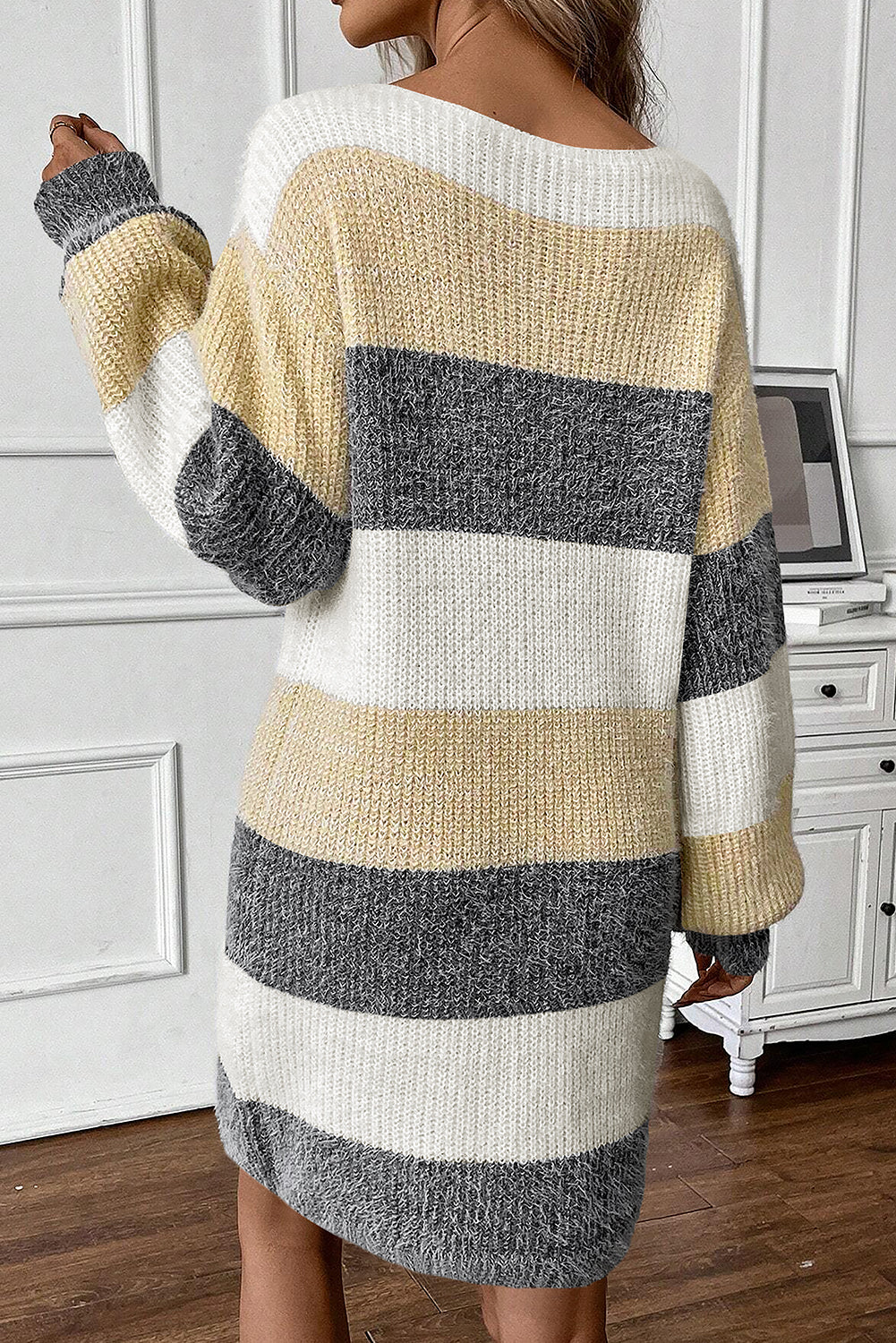 Colorblock Bubble Sleeve Drop Shoulder Sweater Dress