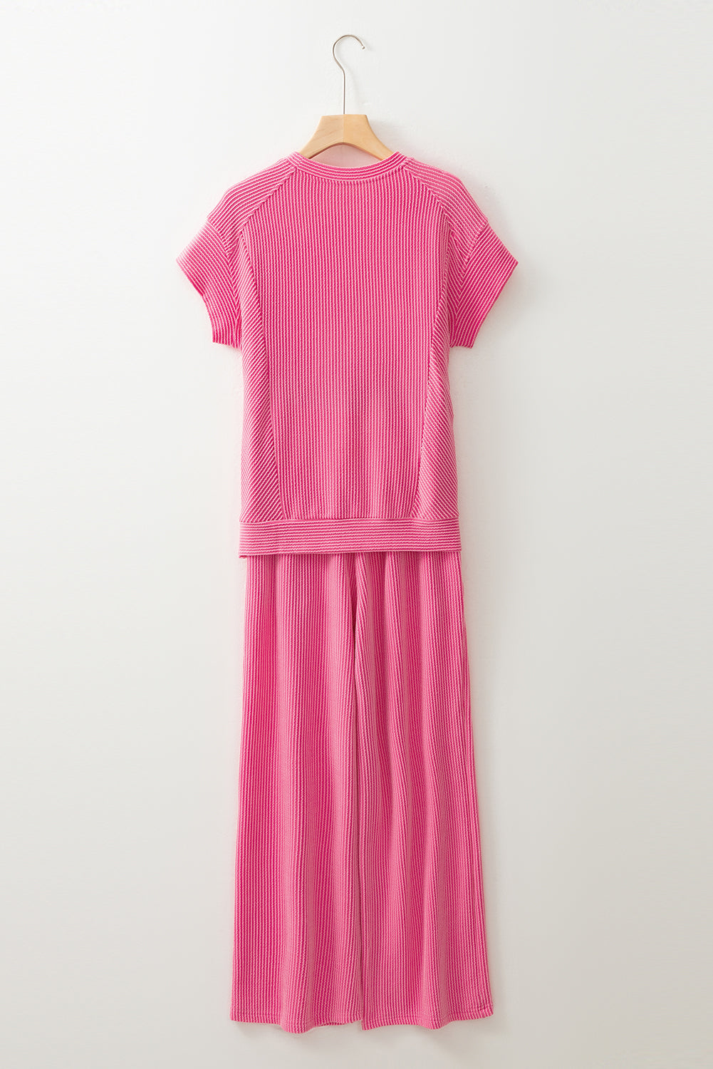 Solid Corded Knit Short Sleeve T Shirt and Wide Leg Pants Set