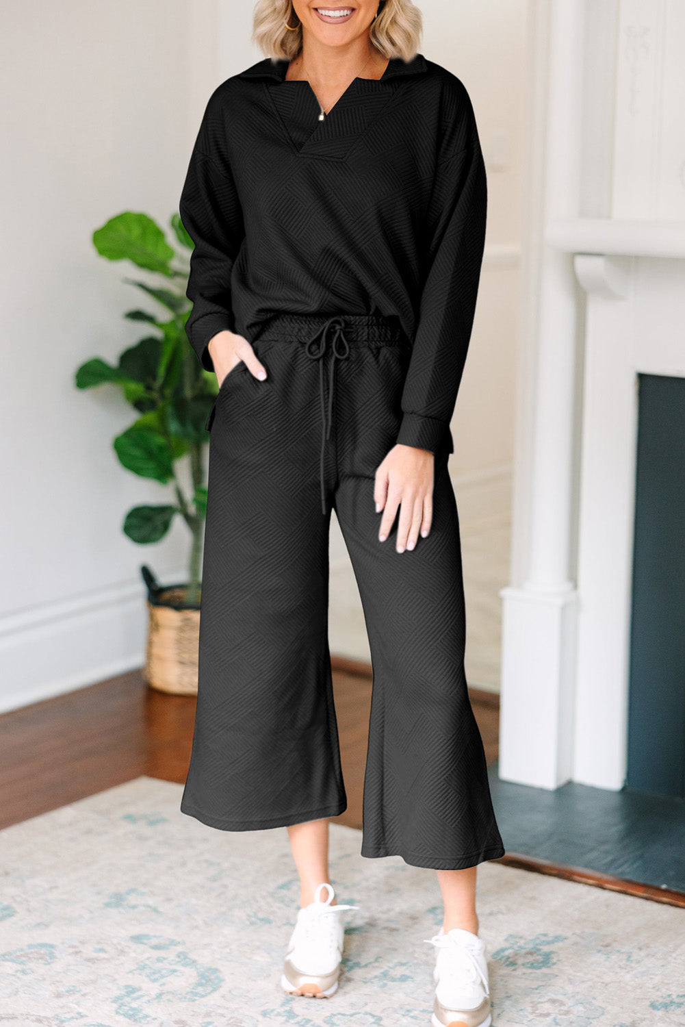 Solid Textured Collared V Neck Top and Wide Leg Pants Set