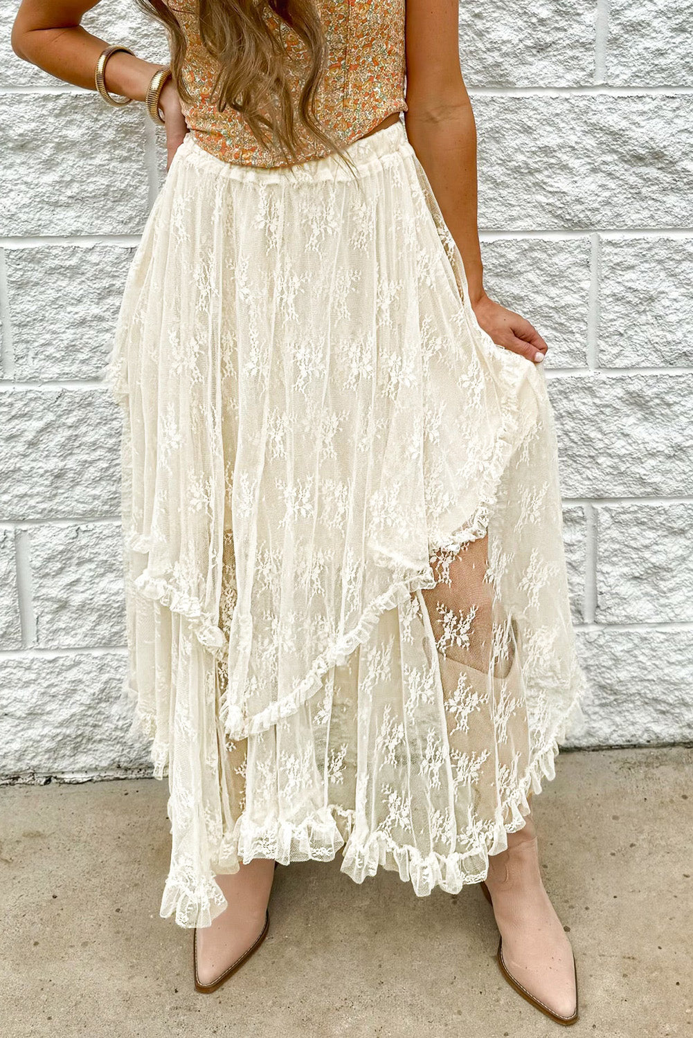 Lace Cascading Tiered High Waist Maxi Skirt