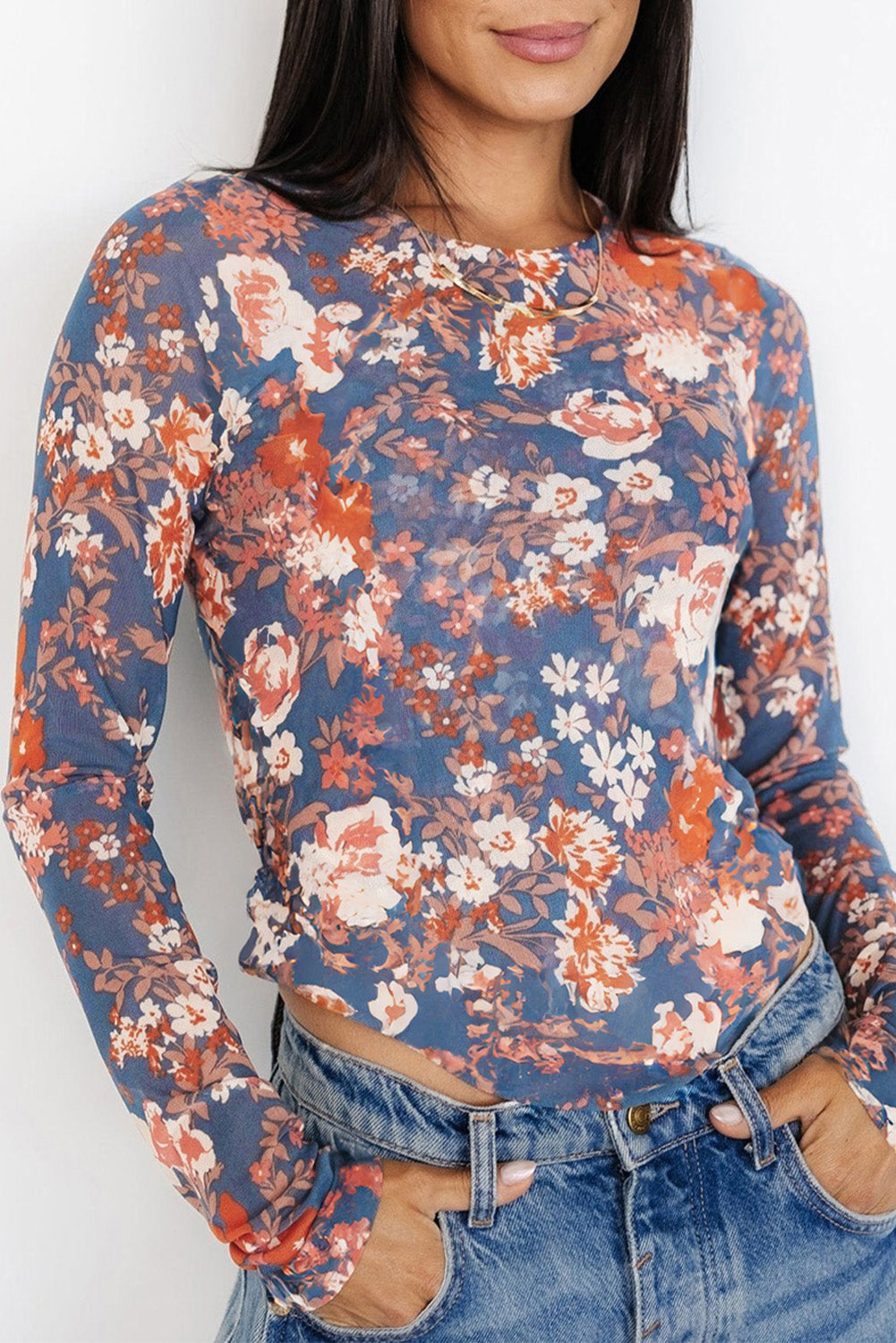 Floral Print Mesh Fitted Long Sleeve Top