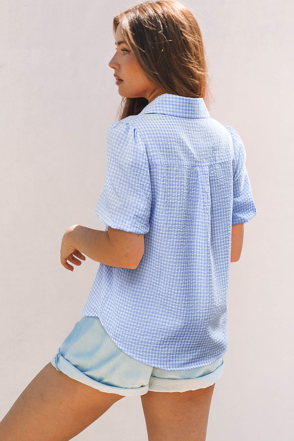 Gingham Short Puff Sleeve Button Up Shirt