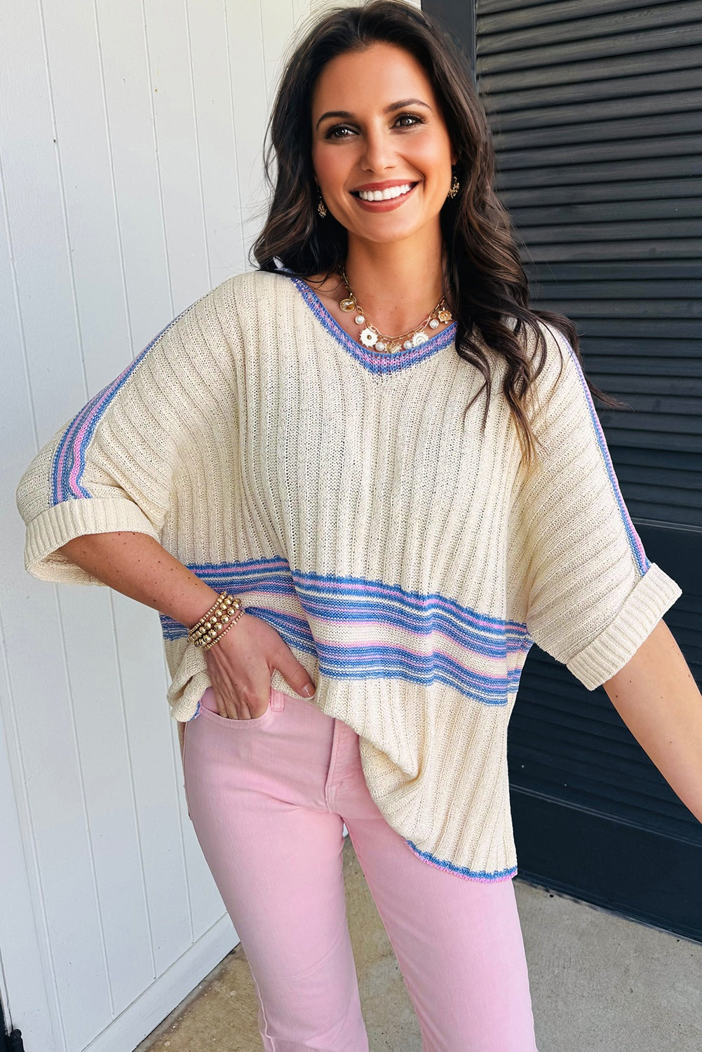 Striped V Neck Dolman Sleeve Rib Knit Oversized Sweater with Slits