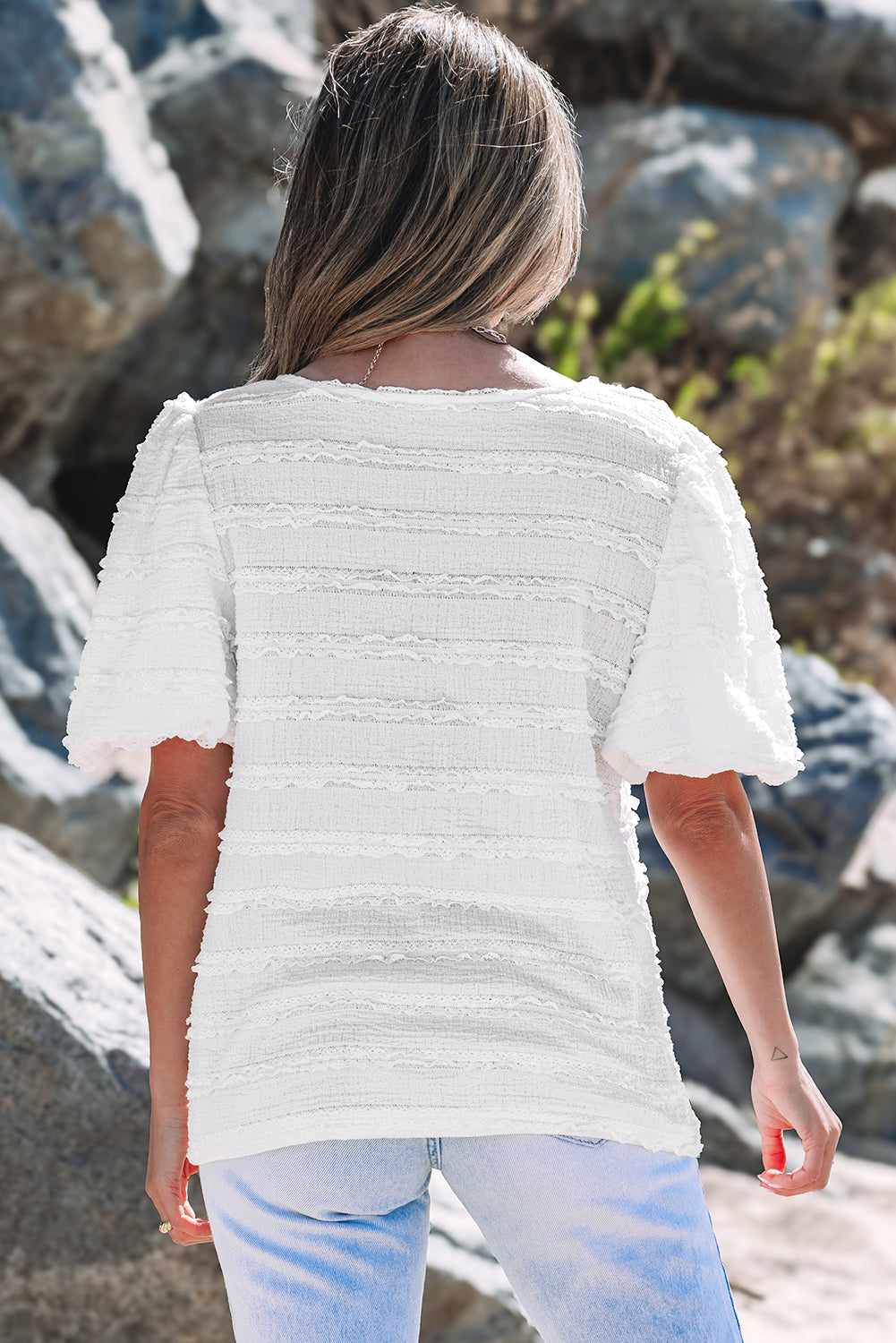 Frilled Lace Trim Bubble Sleeve Blouse