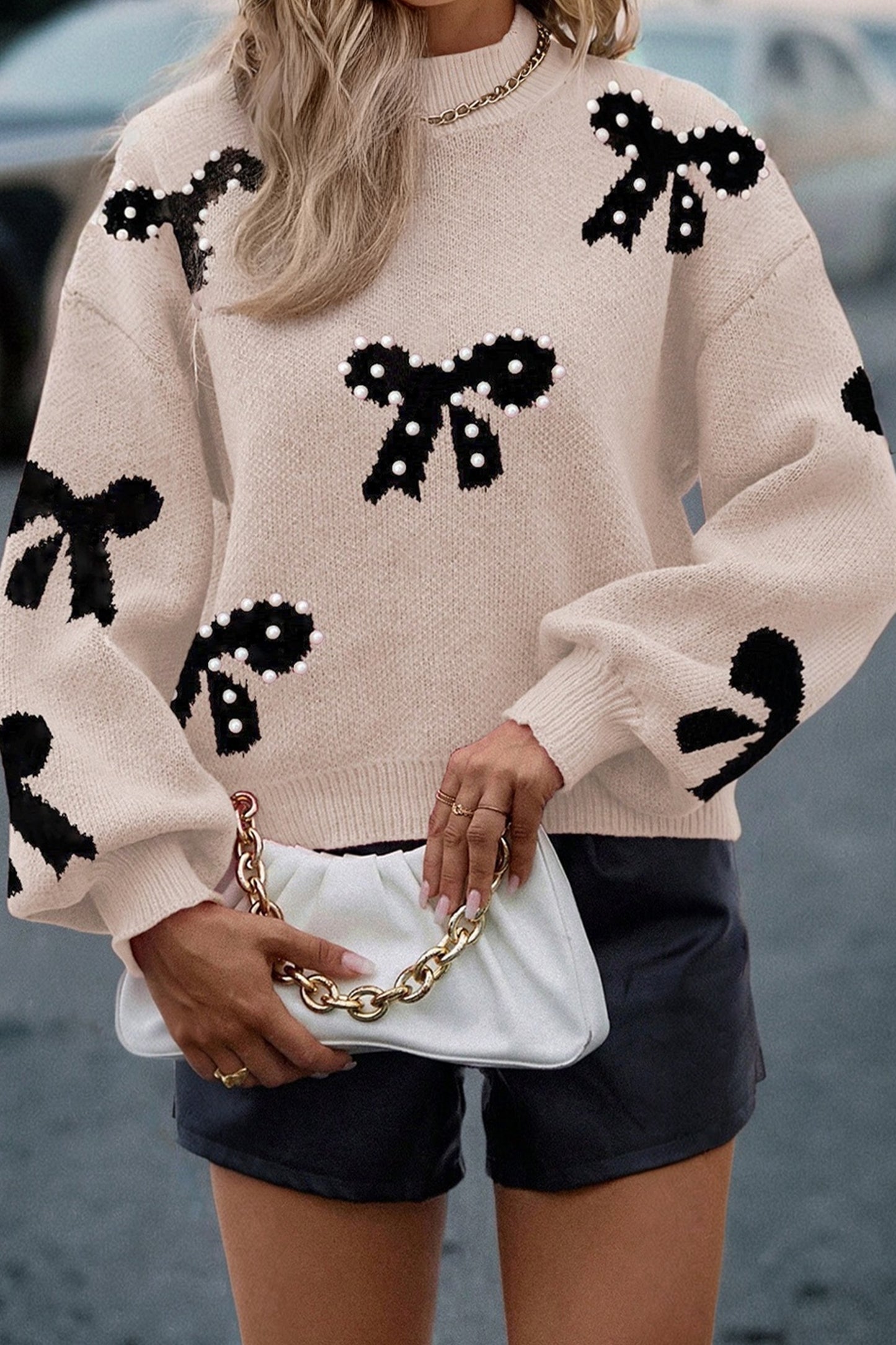 Pearl Embellished Bow Pattern Loose Sweater