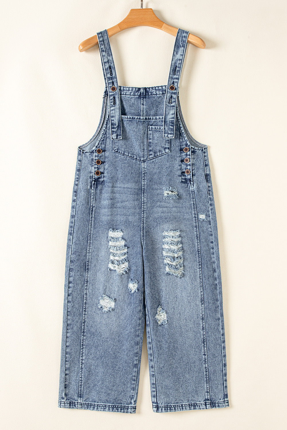 Distressed Bib Pocket Wide Leg Denim Overall