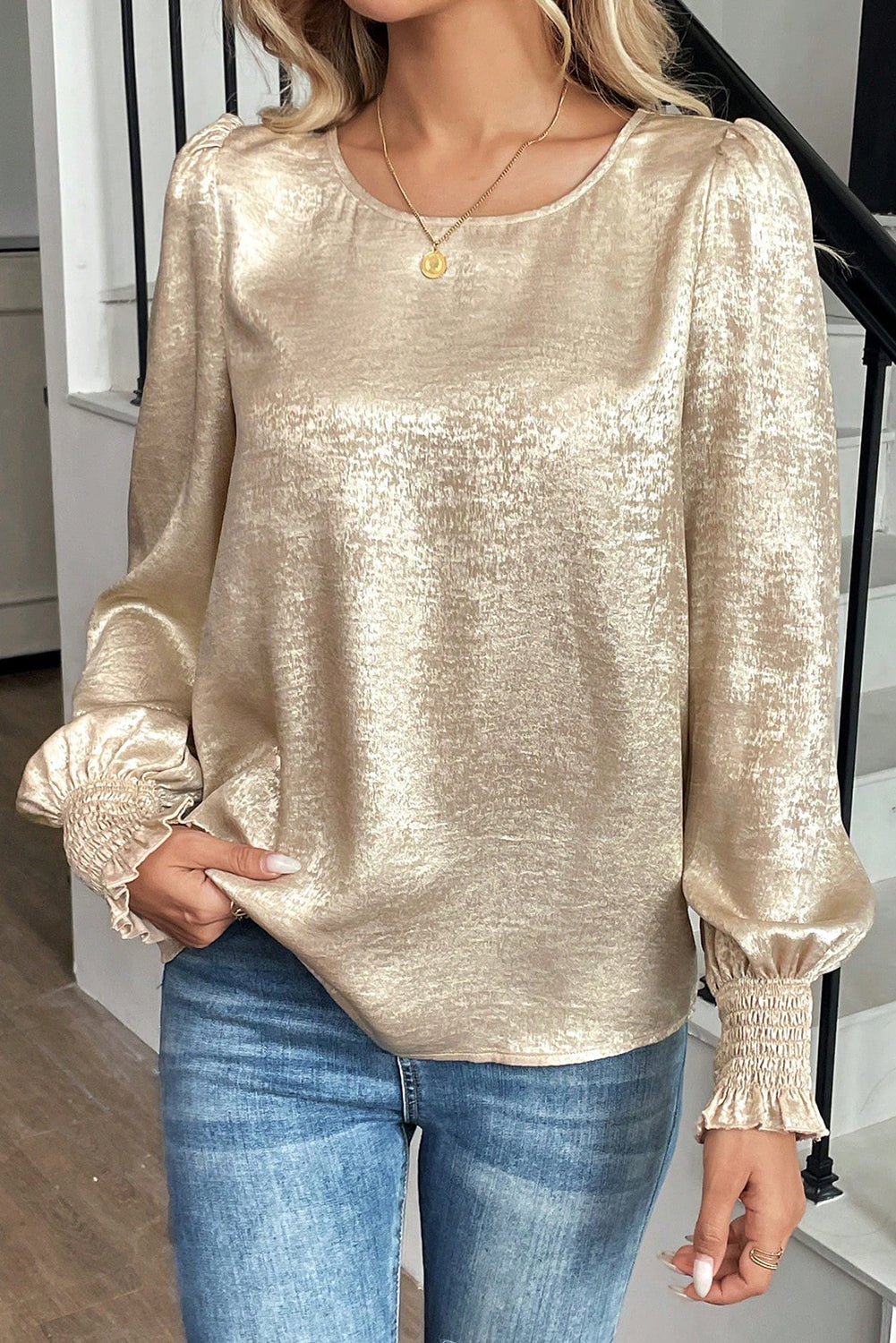 Metallic Round Neck Smocked Long Sleeve Blouse