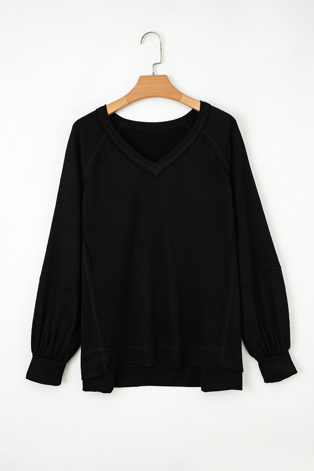 Exposed Seam Textured Knit V Neck Pullover Top