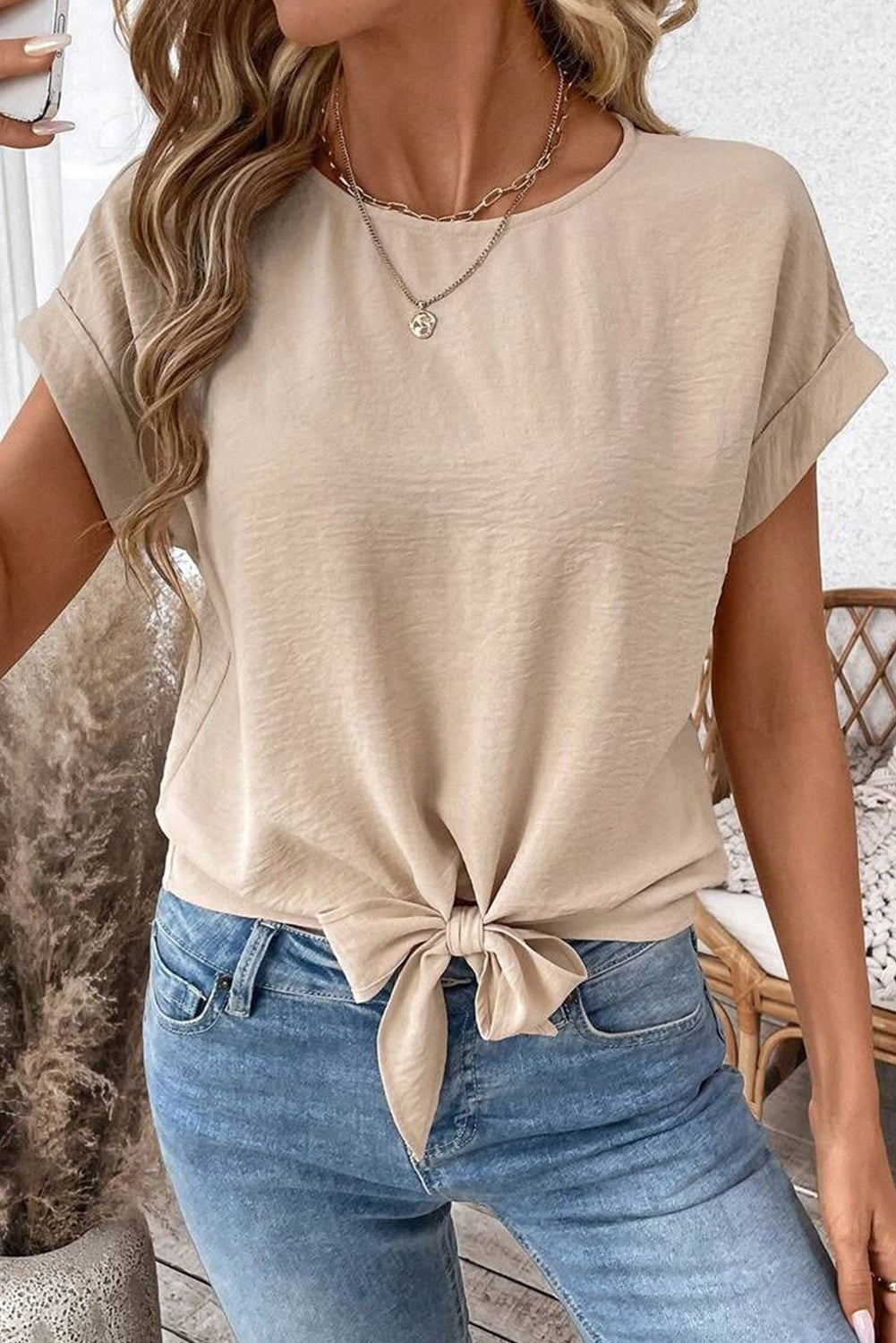 Solid Color Knotted Hem Short Sleeve Blouse