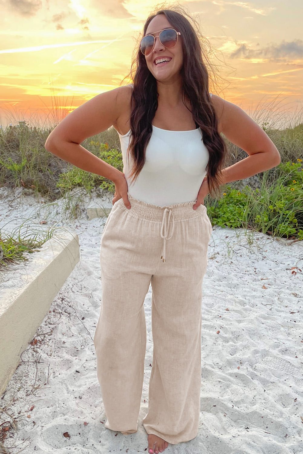 Smocked High Waist Wide Leg Plus Size Pants