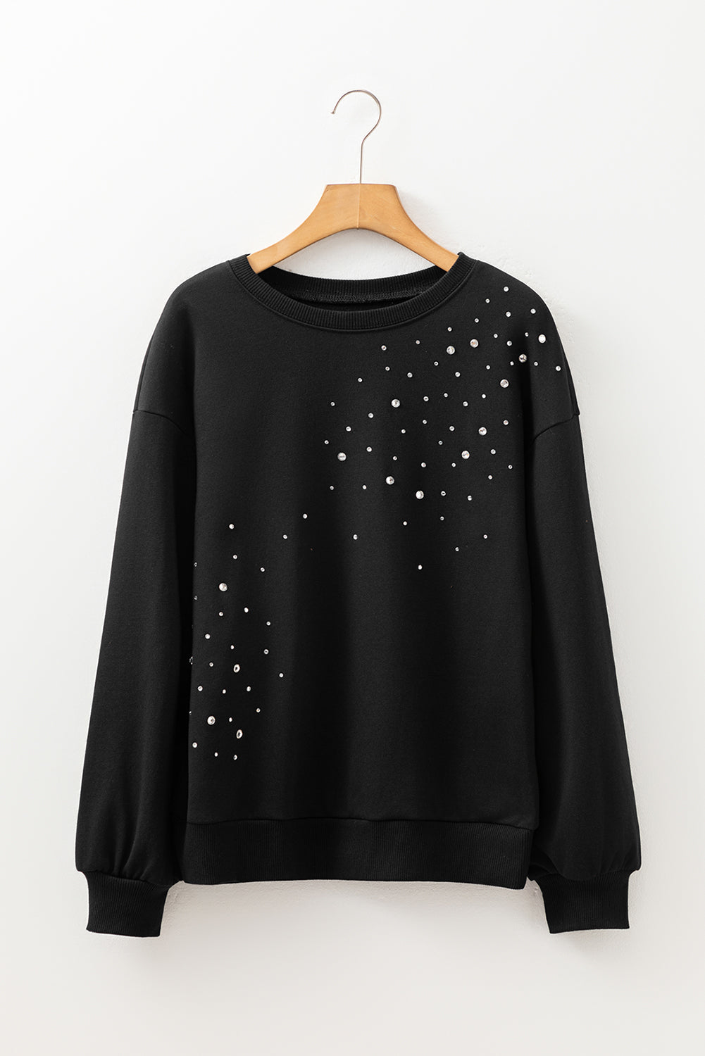 Rhinestone Embellished Drop Shoulder Ribbed Cuffs Sweatshirt