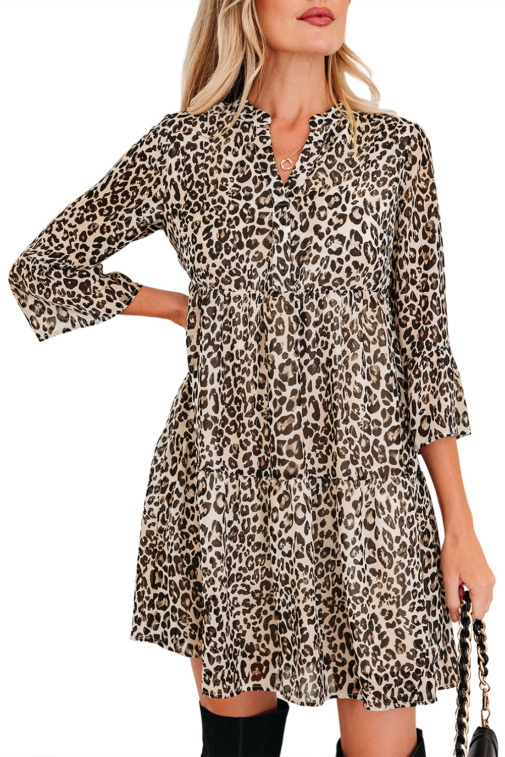 Leopard 3/4 Sleeve V Neck Swing Dress