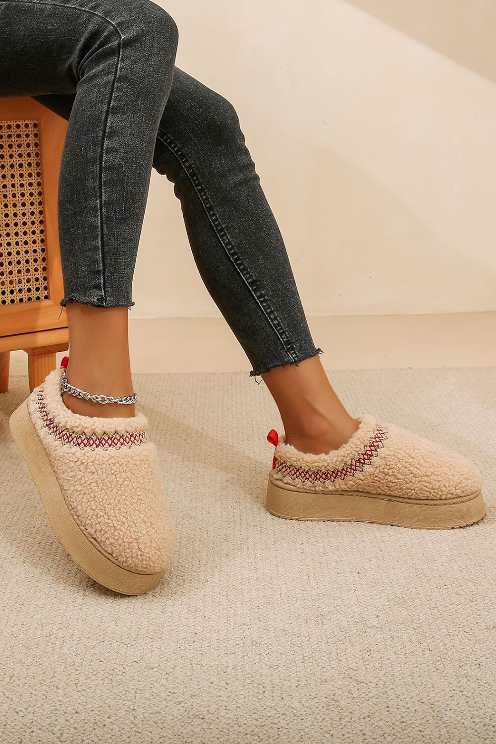 Embroidered Sherpa Plush Thick Sole Snow Boots