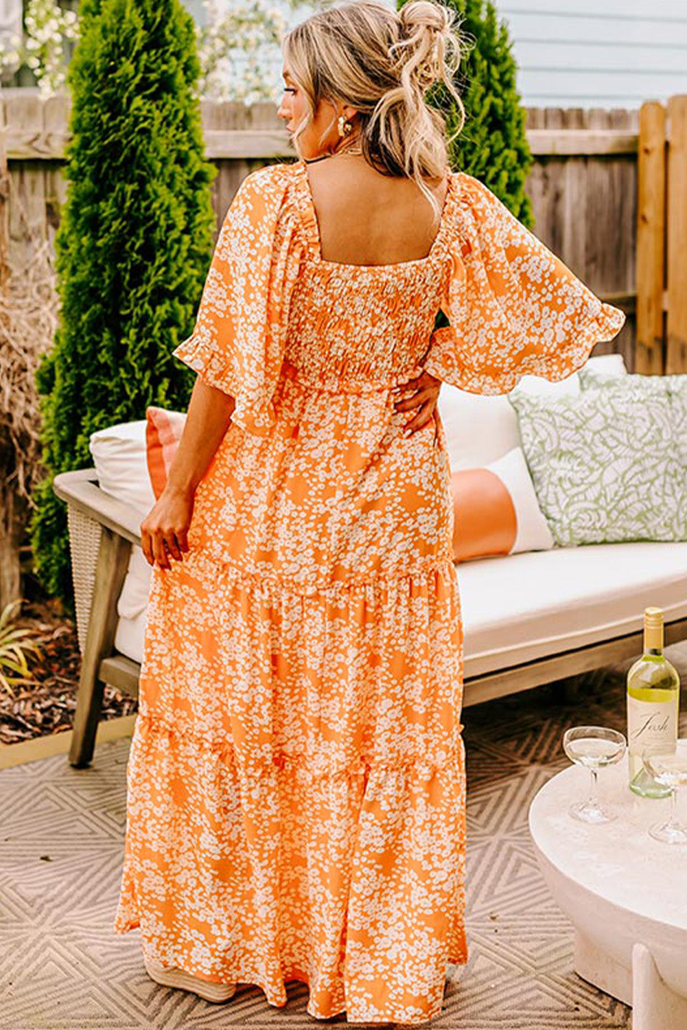 Floral Print Smocked V Neck Wide Sleeve Maxi Dress