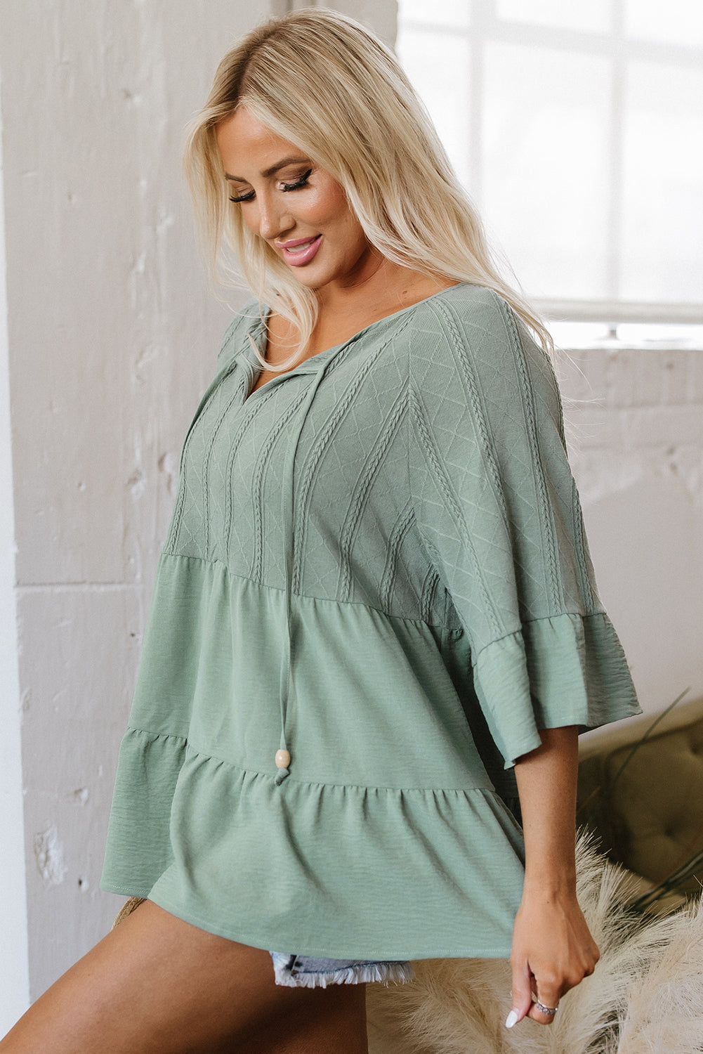 Tie Split Neck Textured Ruffle Patchwork Blouse