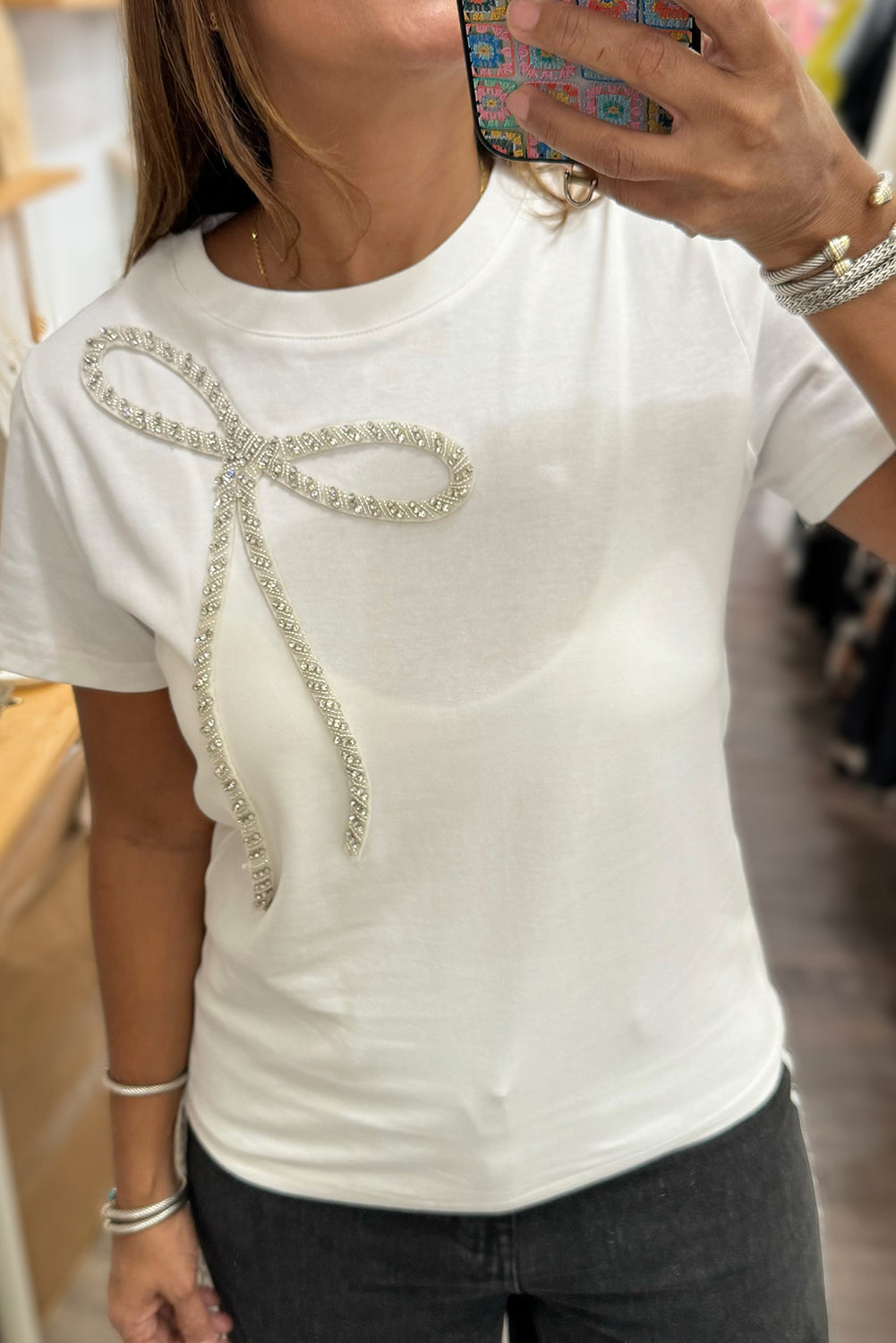 Rhinestone Bow Embellished Round Neck Tee