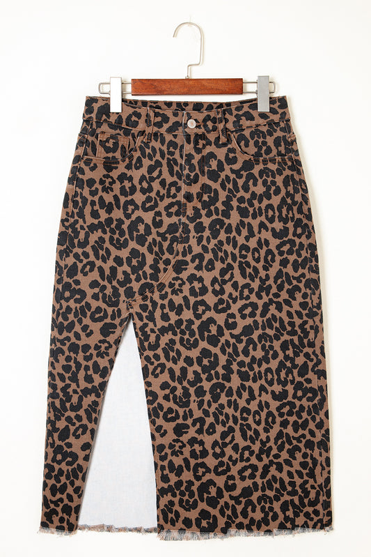 Leopard Denim Frayed Split Denim Midi Skirt