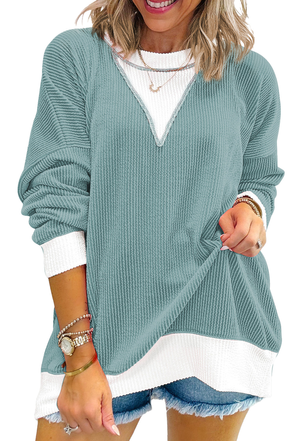 Corded Colorblock Drop Shoulder Loose Top