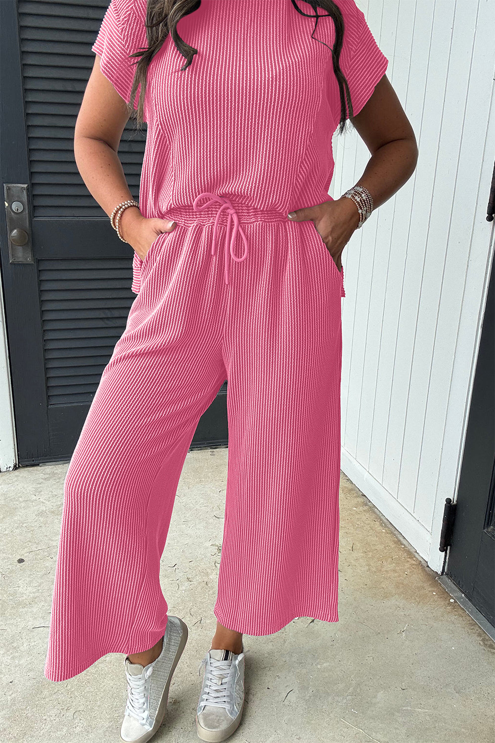 Solid Corded Knit Short Sleeve T Shirt and Wide Leg Pants Set