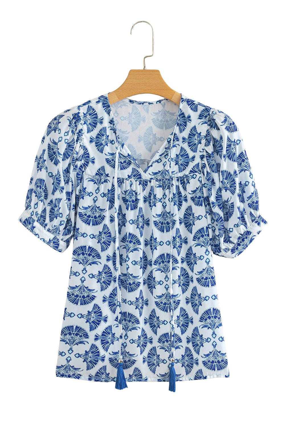 Geometric Print Tassel Drawstring V Neck Blouse