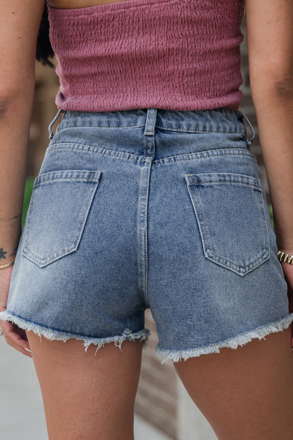 Pearl Beaded Raw Hem Medium Wash Denim Shorts