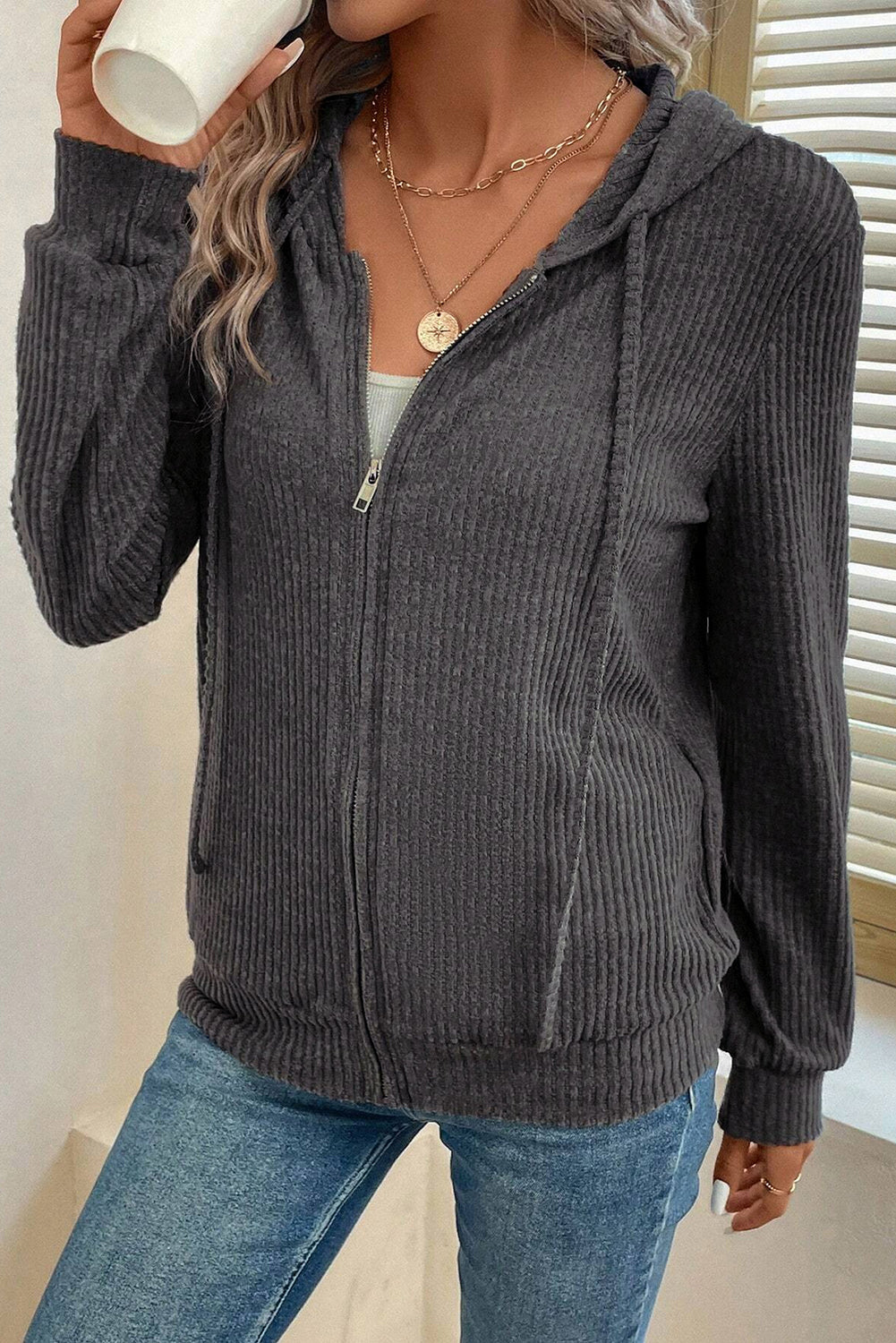 Ribbed Zip Up Front Drawstring Hoodie