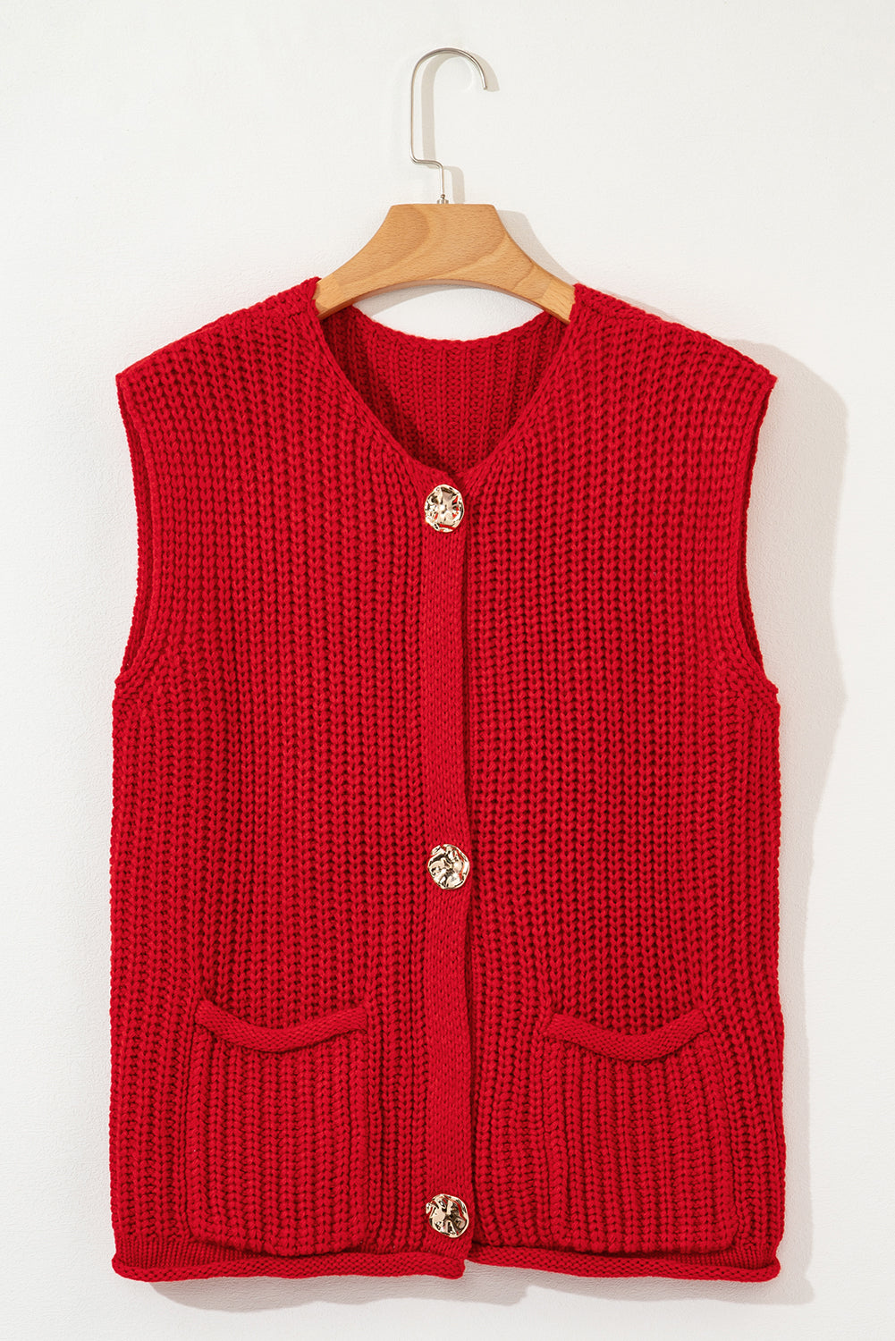 Solid Textured Knit Side Pockets Buttoned Sweater Vest