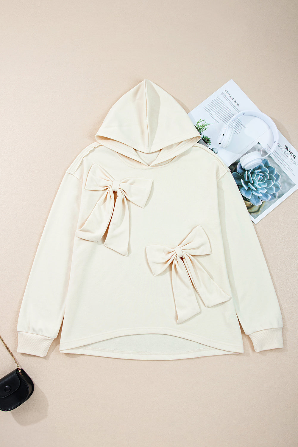 Solid Color Cute Bow Detail Loose Hoodie