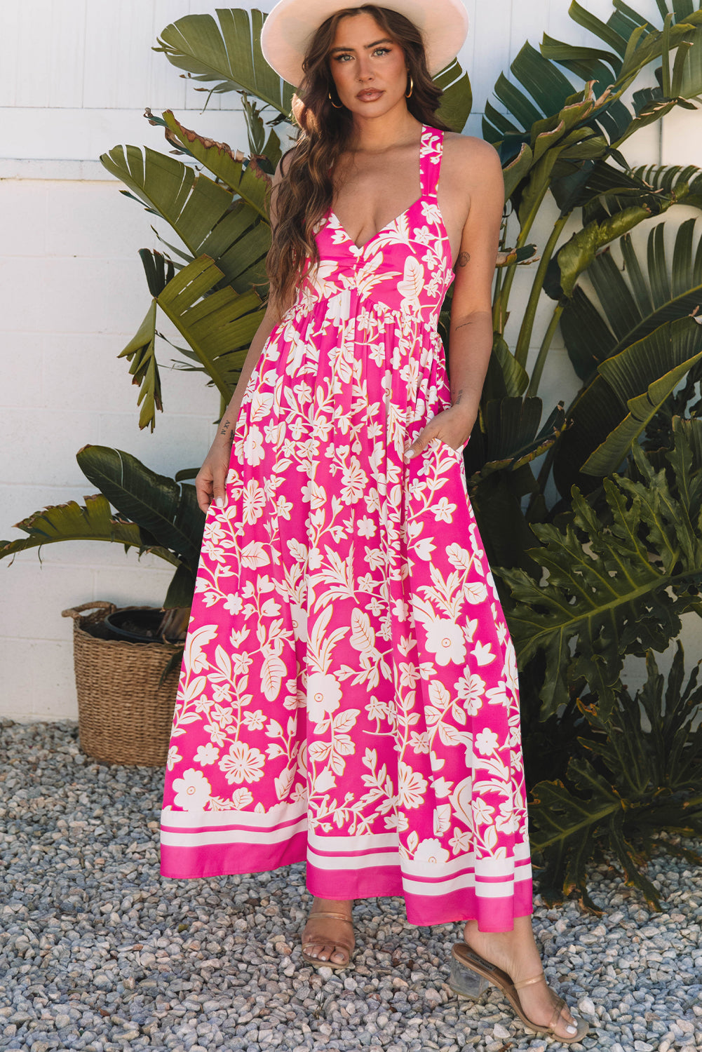 Floral V Neck Crisscross Backless Maxi Dress