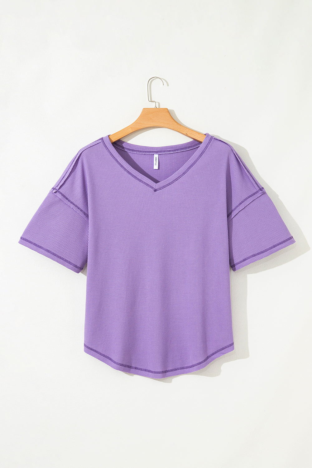 Exposed Seam Half Sleeve Knitted V Neck Textured Top
