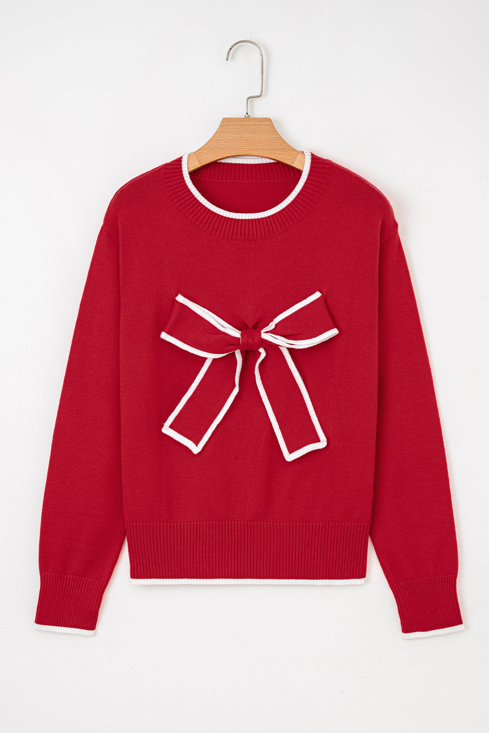Contrast Trim Big Bow Accent Holiday Cropped Sweater