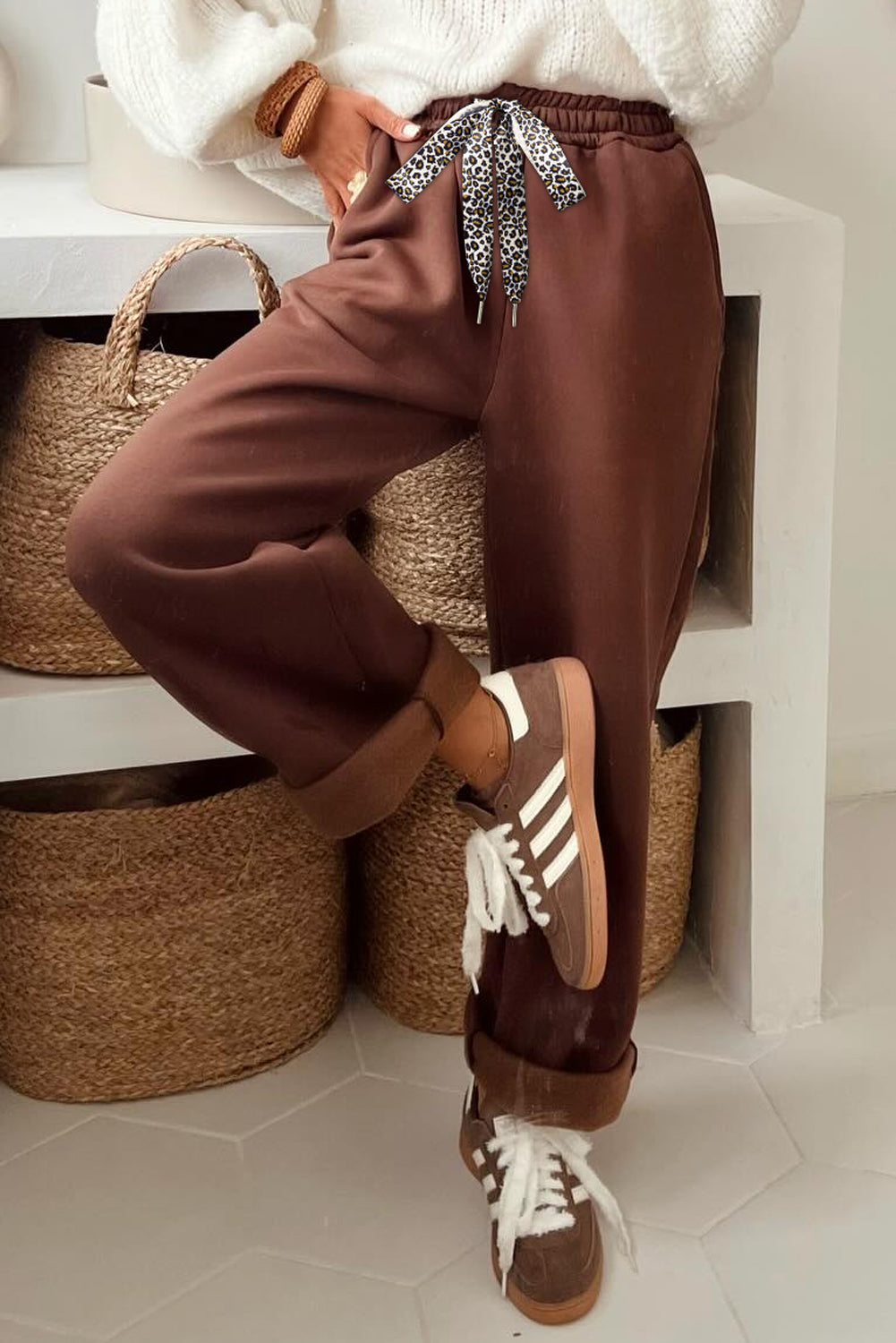 Fleece Lined Leopard Drawstring Elastic Waist Solid Pants