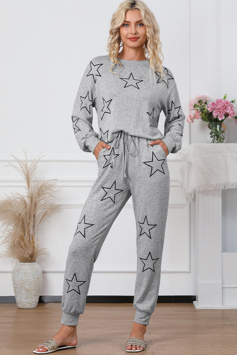 Stars Print Long Sleeve Drawstring High Waist Lounge Set