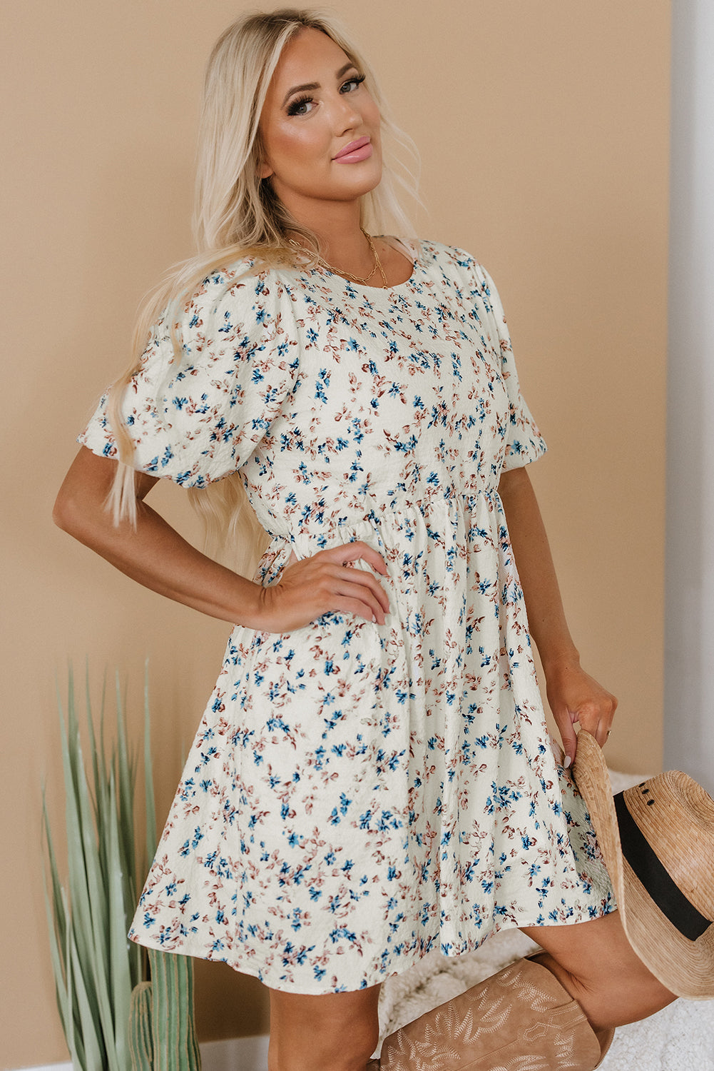 Floral Puff Short Sleeve Empire Waist Mini Dress