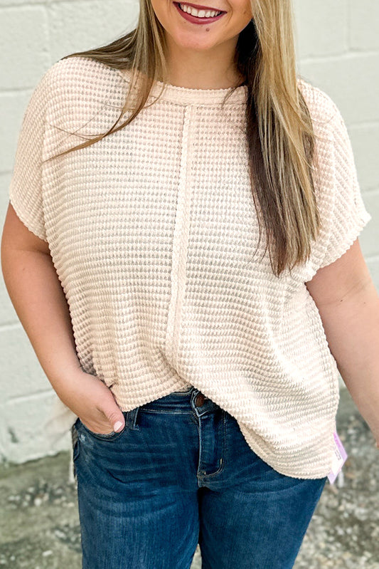 Waffle Exposed Seam Detail Plus Size Short Sleeve Top