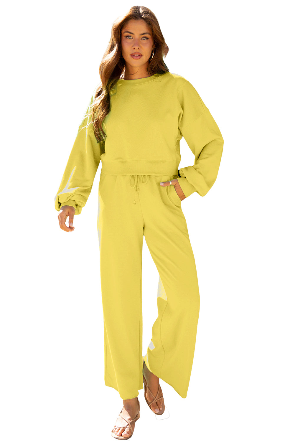 Drop Shoulder Puff Sleeve Crop Pullover Drawstring Wide Leg Pants Set