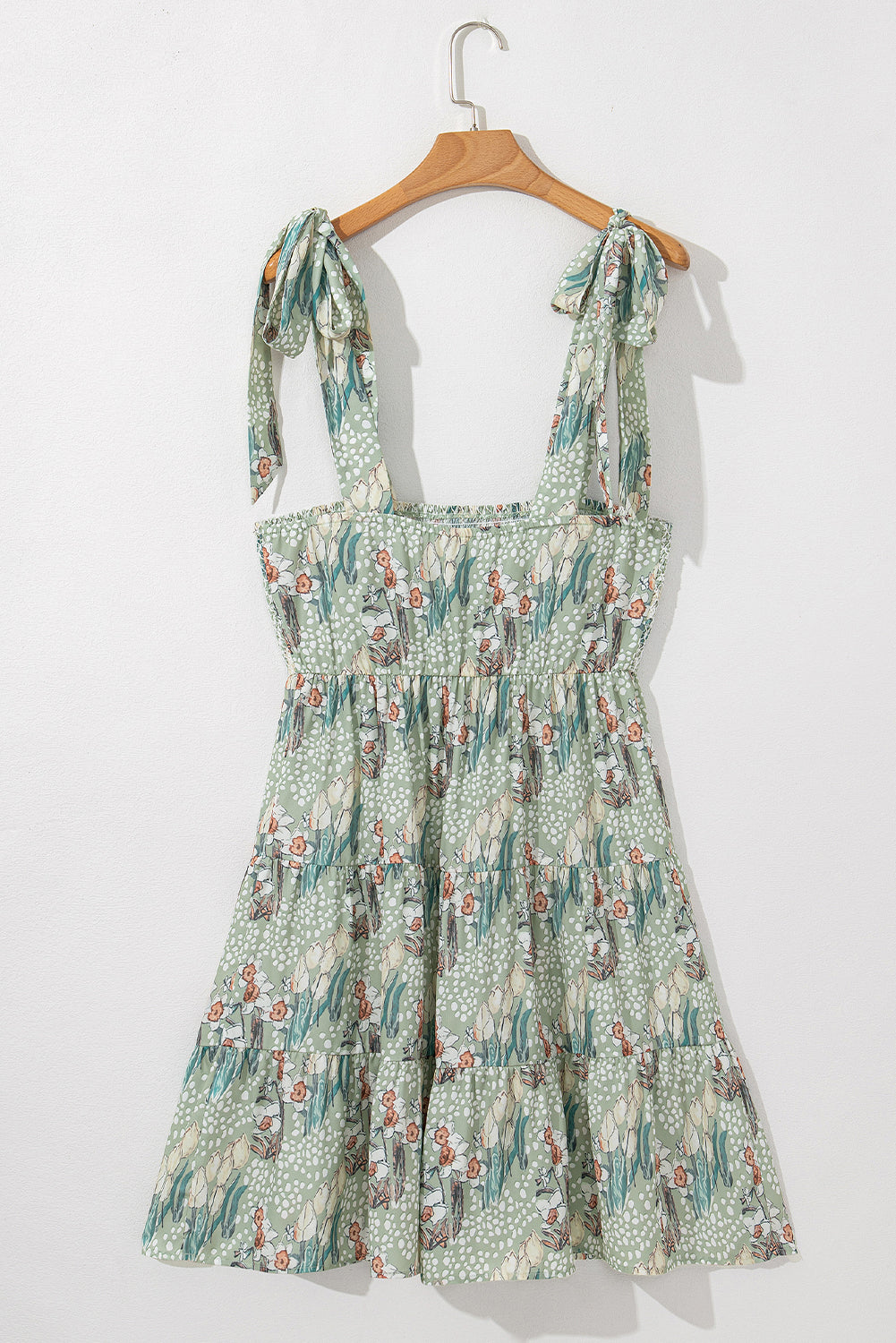 Floral Knotted Strap Smocked Tiered Ruffle Mini Dress
