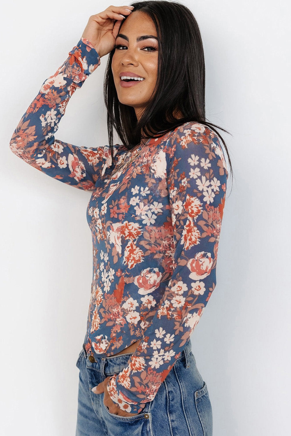 Floral Print Mesh Fitted Long Sleeve Top